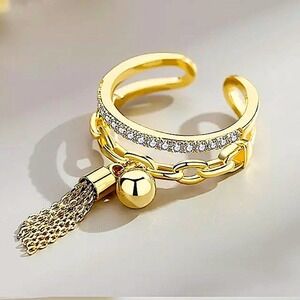 Tassel Ball Drop Gold Plated Double Stack Ring